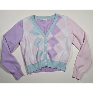 Women's Preppy Pastel Knit Cardigan Sweater L Feminine Cottage Academia Plaid